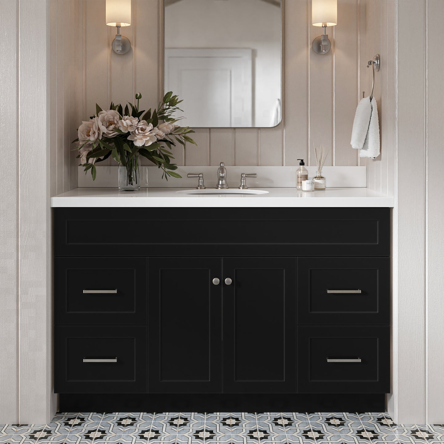 Bradford 54-Inch Black bathroom vanity in styled bathroom setting