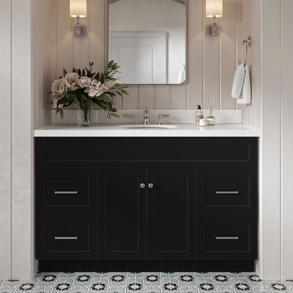 Bradford 54-Inch Black bathroom vanity in styled bathroom setting