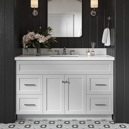 Bradford 54-Inch Grey bathroom vanity in styled bathroom setting