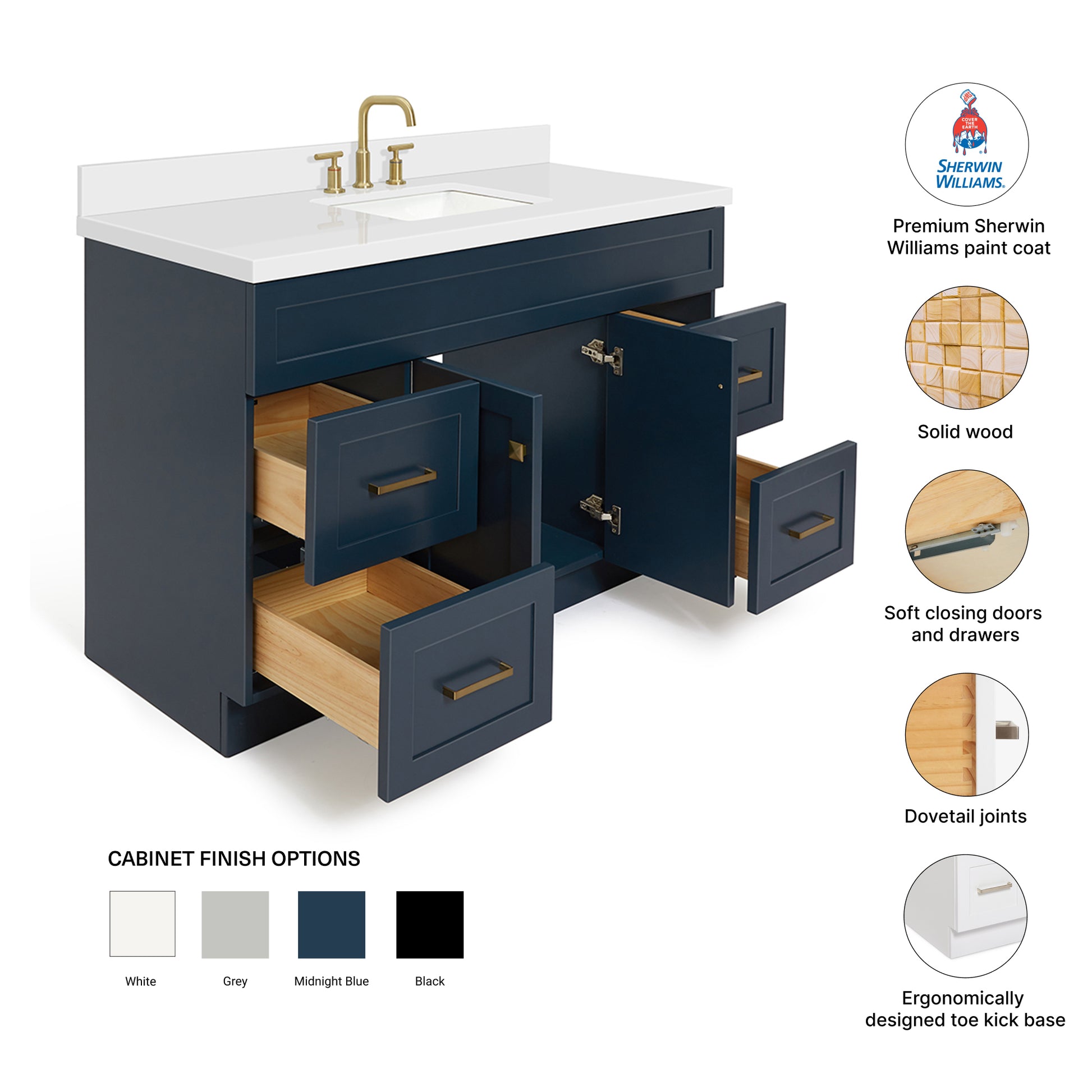Bradford 54-Inch Midnight Blue bathroom vanity – feature highlights: solid wood frame, soft-close doors and drawers, Sherwin-Williams paint finish