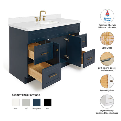 Bradford 54-Inch Midnight Blue bathroom vanity – feature highlights: solid wood frame, soft-close doors and drawers, Sherwin-Williams paint finish