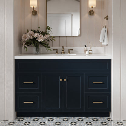 Bradford 54-Inch Midnight Blue bathroom vanity in styled bathroom setting