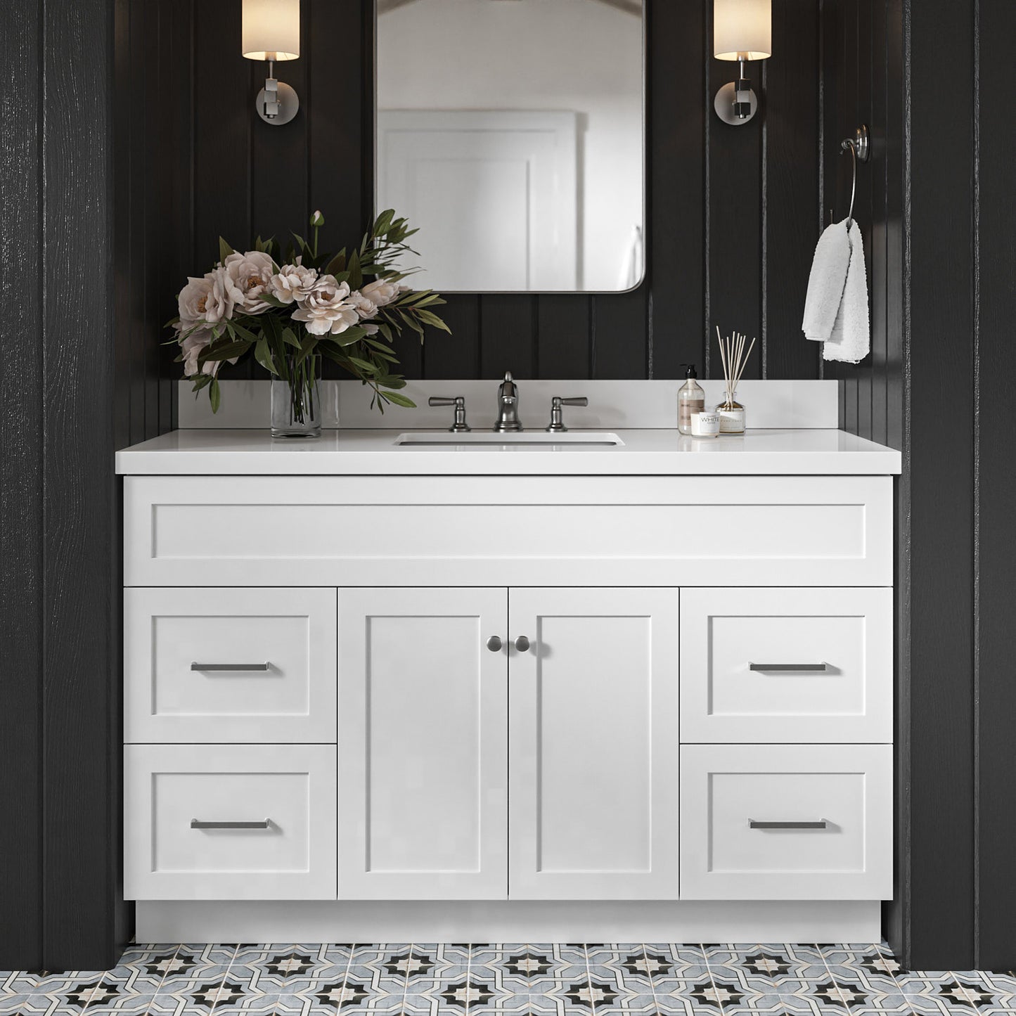 Bradford 54-Inch White bathroom vanity in styled bathroom setting