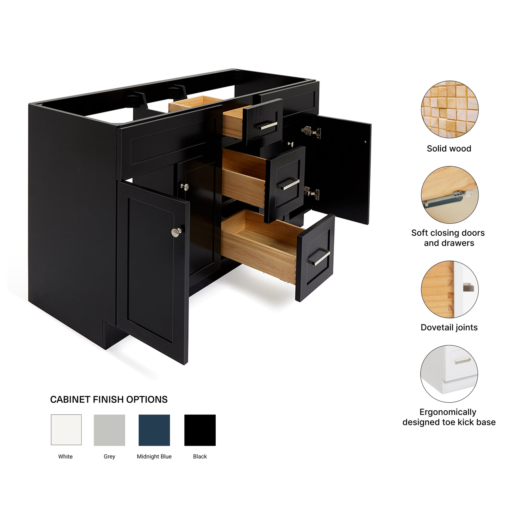 Bradford 60-inch Black base cabinet on feature highlights: solid wood frame, soft-close doors and drawers, Sherwin-Williams paint finish
