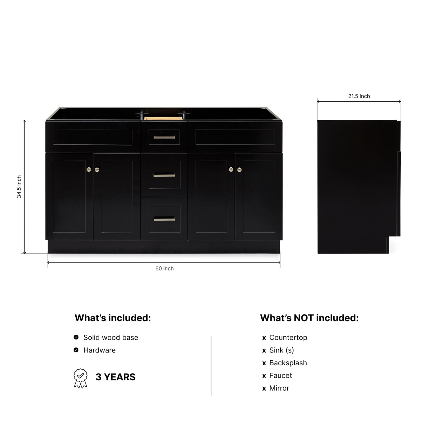 Bradford 60-inch Black base cabinet on dimensions