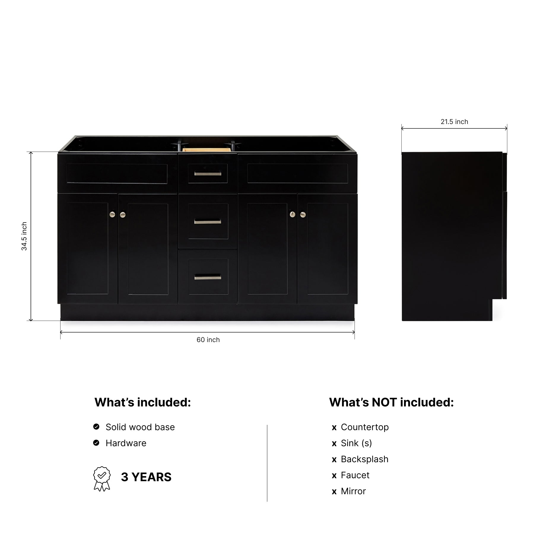 Bradford 60-inch Black base cabinet on dimensions