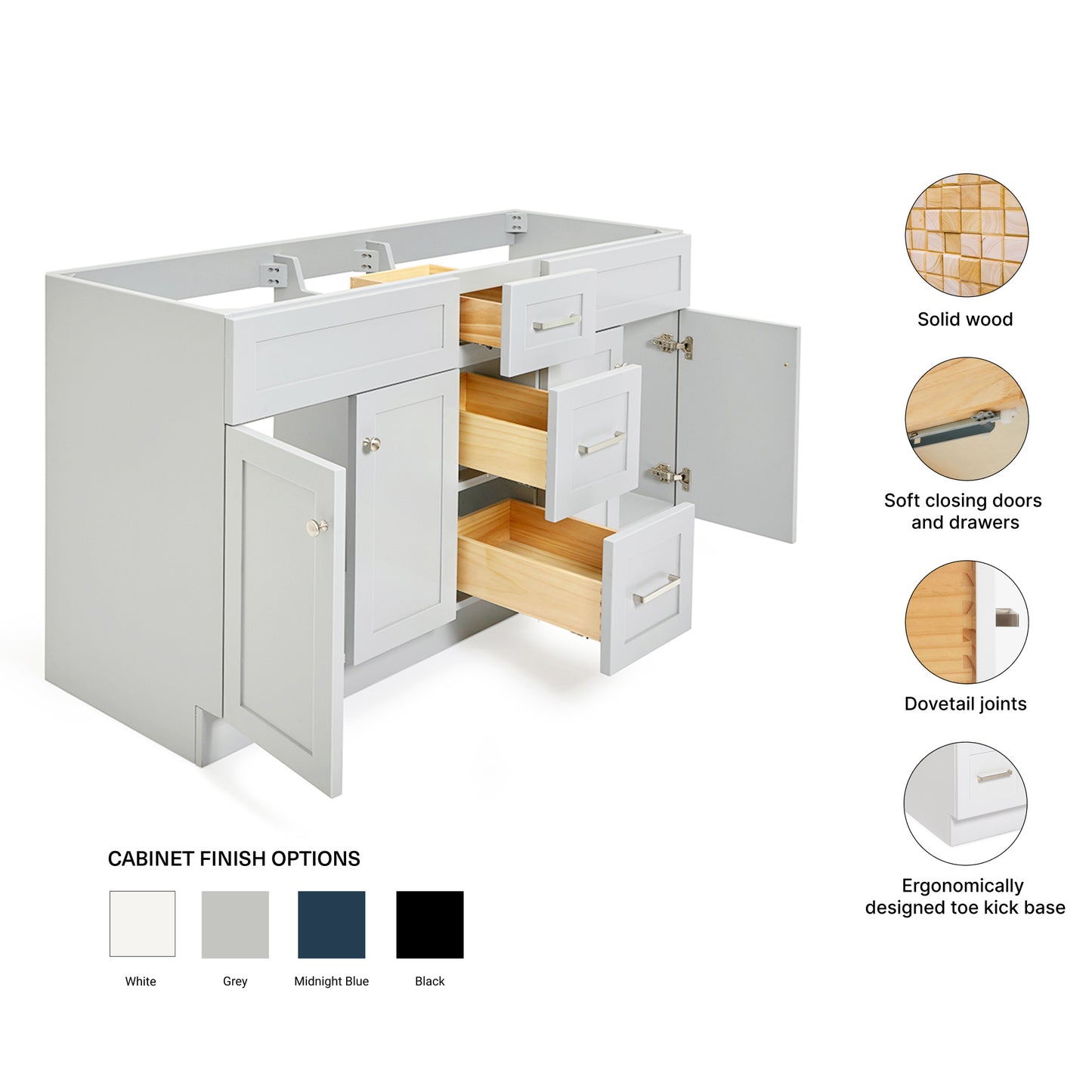 Bradford 60-inch Grey base cabinet on feature highlights: solid wood frame, soft-close doors and drawers, Sherwin-Williams paint finish