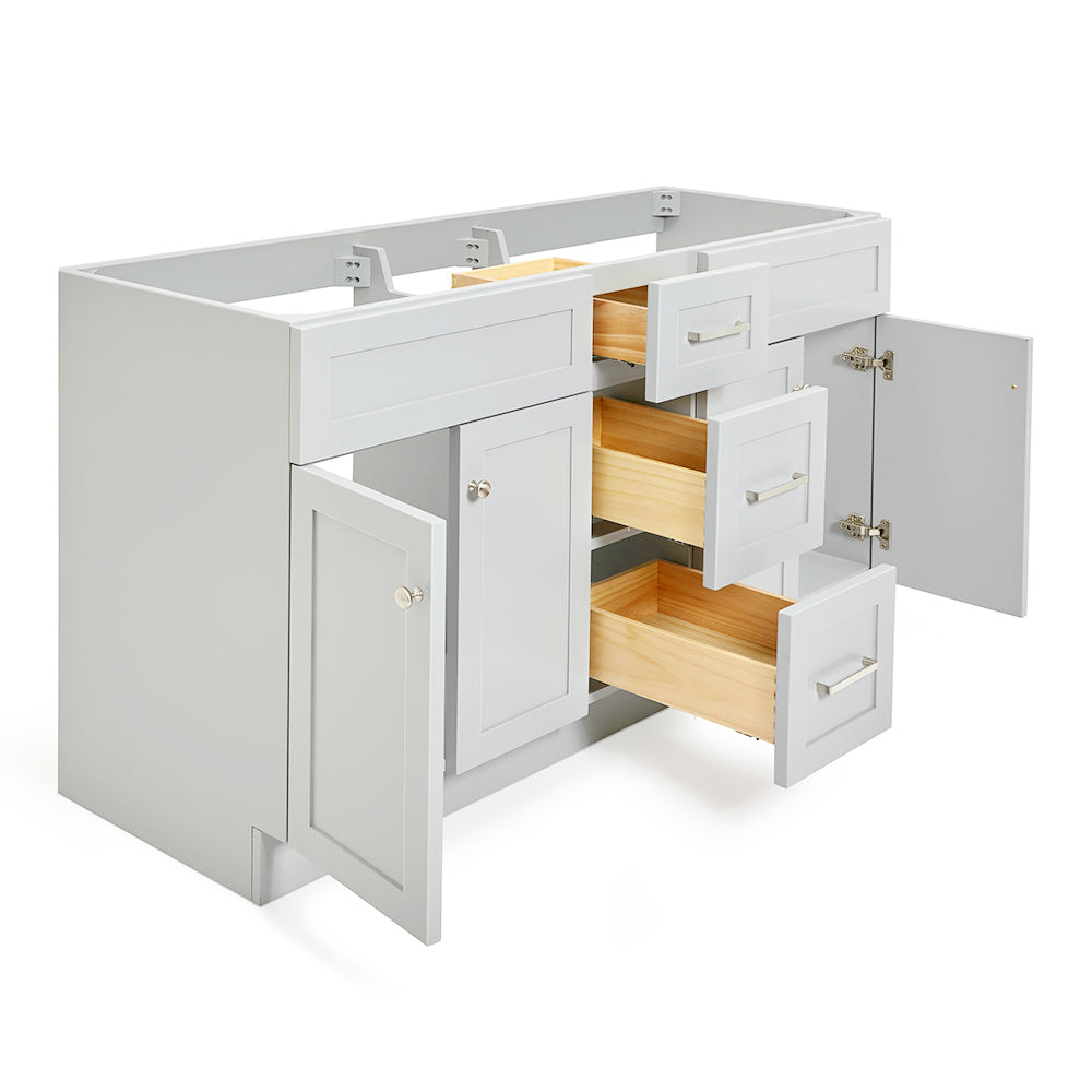 Bradford 60-inch Grey base cabinet on white back ground side view open door