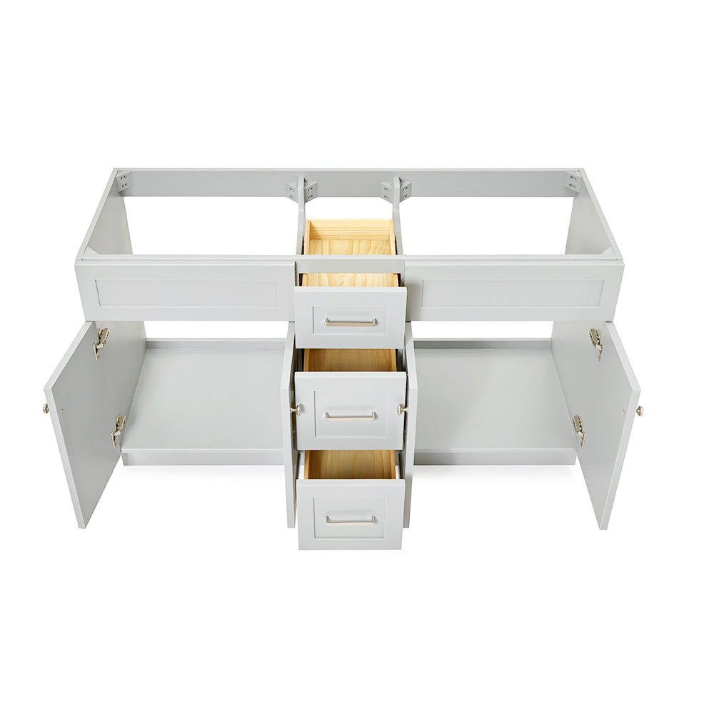 Bradford 60-inch Grey base cabinet on white back ground front view open door