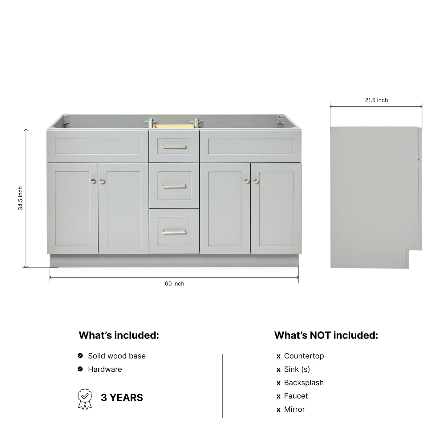 Bradford 60-inch Grey base cabinet on dimensions