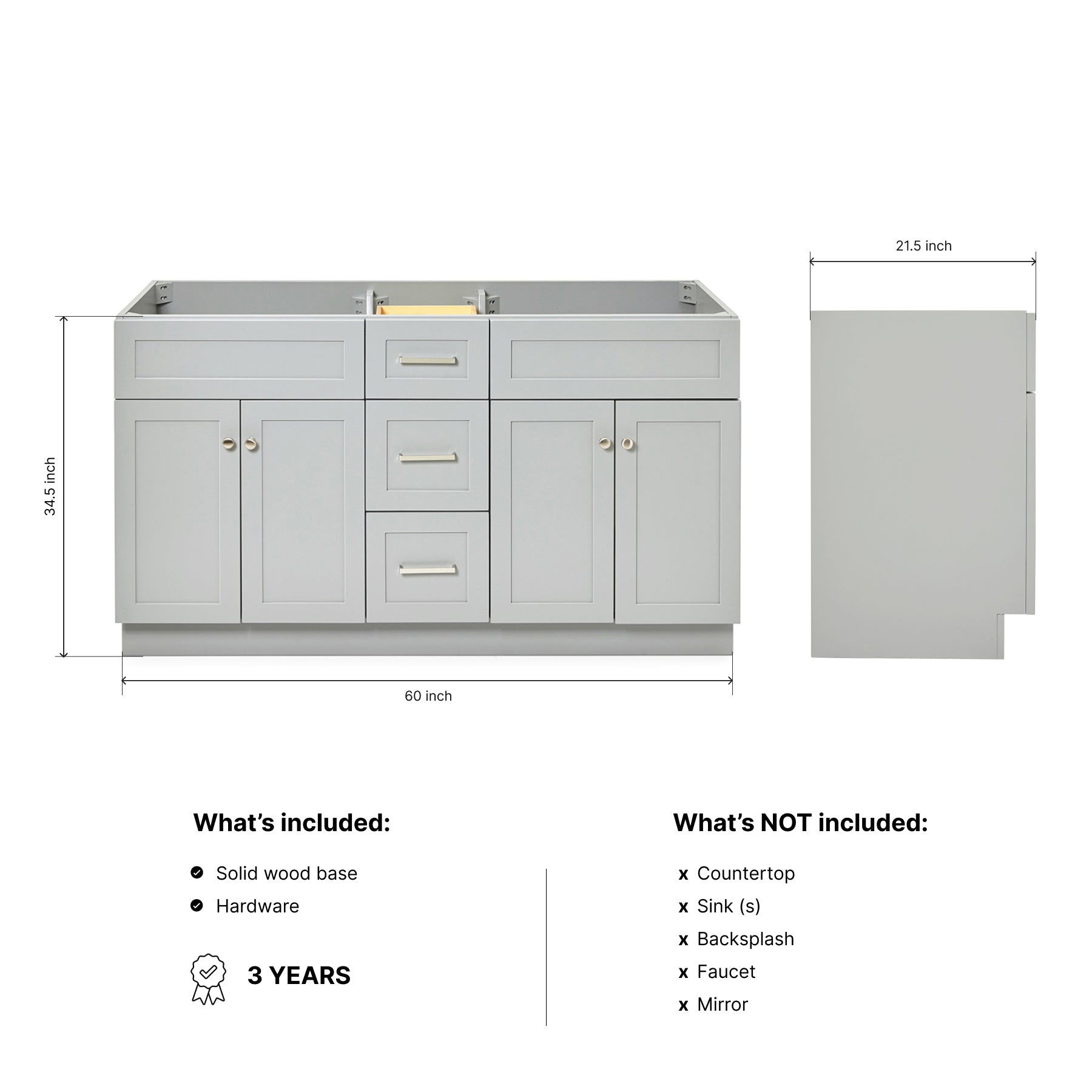 Bradford 60-inch Grey base cabinet on dimensions