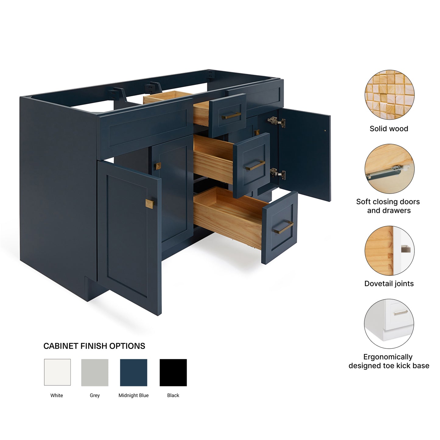Bradford 60-inch Midnight Blue base cabinet on feature highlights: solid wood frame, soft-close doors and drawers, Sherwin-Williams paint finish