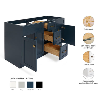 Bradford 60-inch Midnight Blue base cabinet on feature highlights: solid wood frame, soft-close doors and drawers, Sherwin-Williams paint finish