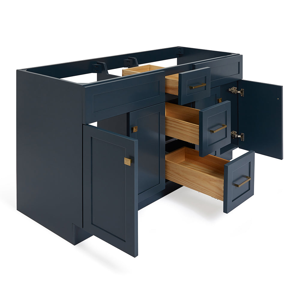 Bradford 60-inch Midnight Blue base cabinet on white back ground side view open door