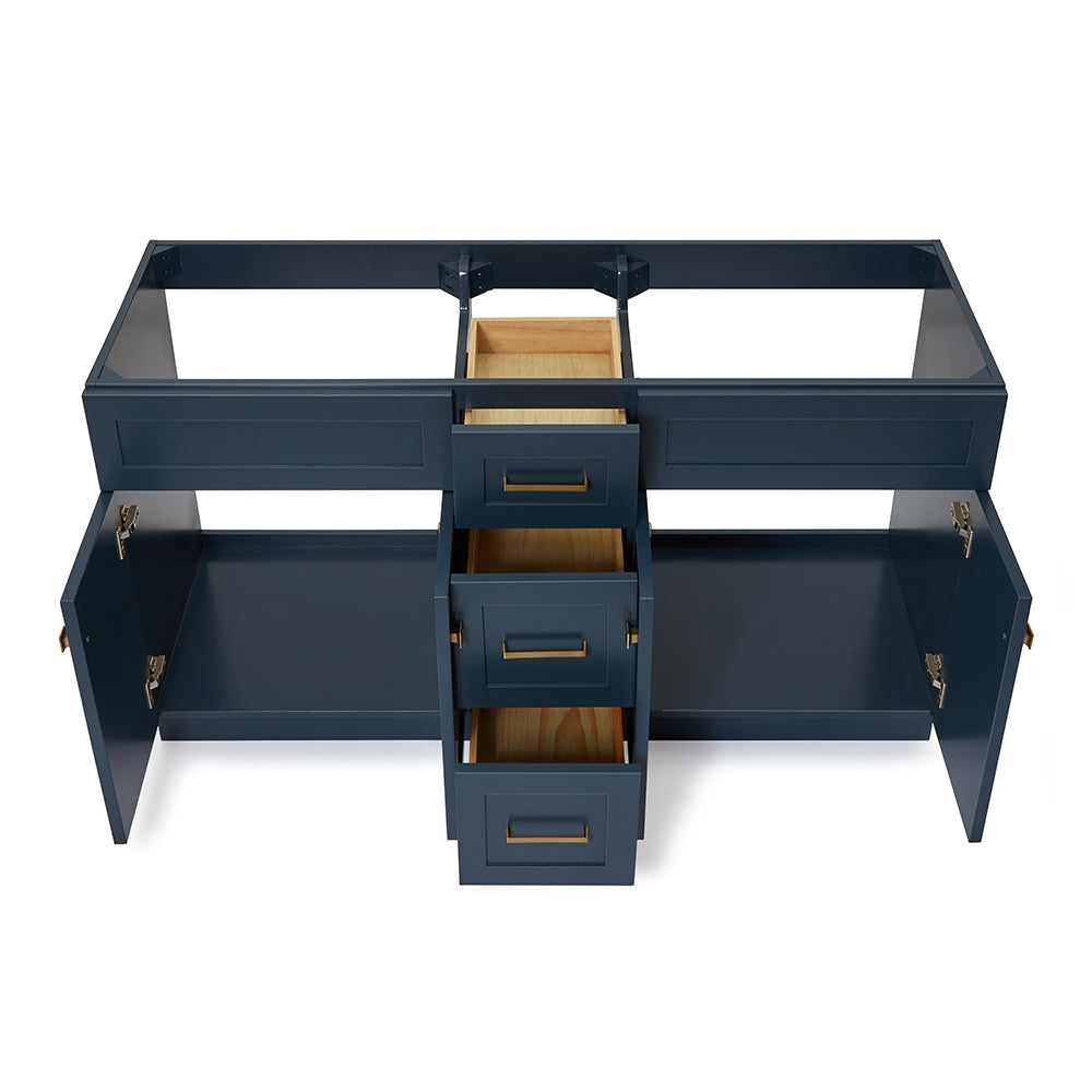 Bradford 60-inch Midnight Blue base cabinet on white back ground front view open door