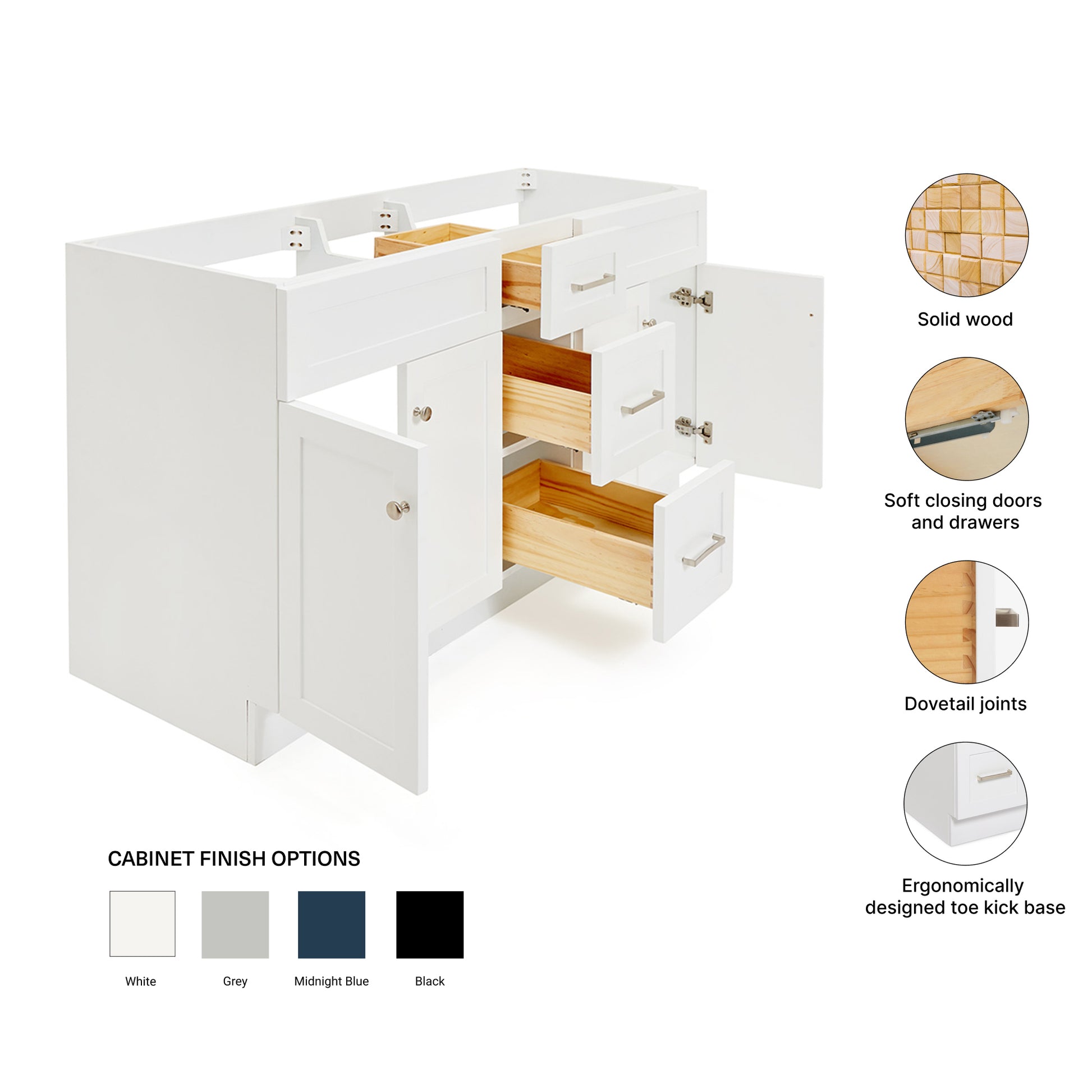 Bradford 60-inch White base cabinet on feature highlights: solid wood frame, soft-close doors and drawers, Sherwin-Williams paint finish