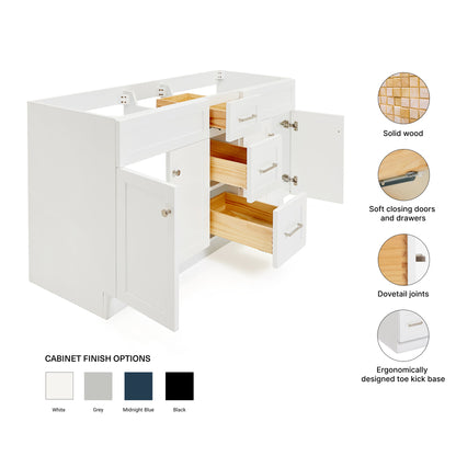 Bradford 60-inch White base cabinet on feature highlights: solid wood frame, soft-close doors and drawers, Sherwin-Williams paint finish