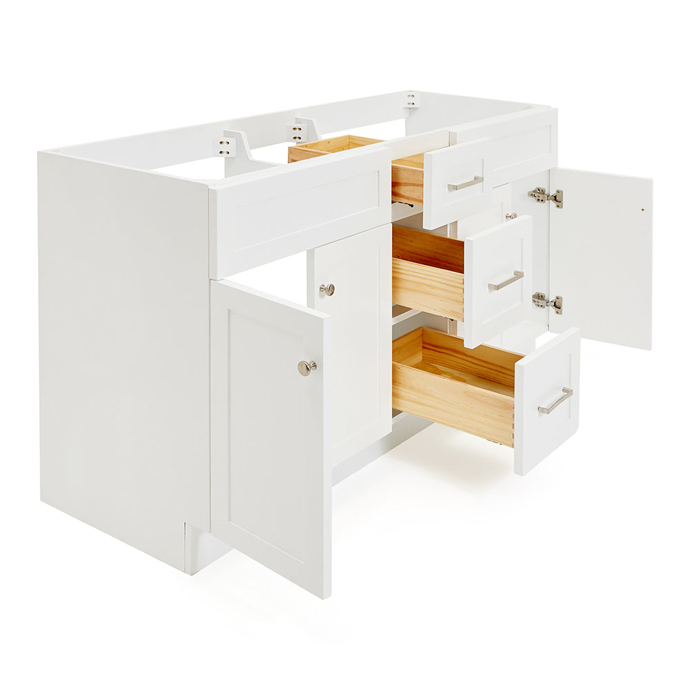 Bradford 60-inch White base cabinet on white back ground side view open door