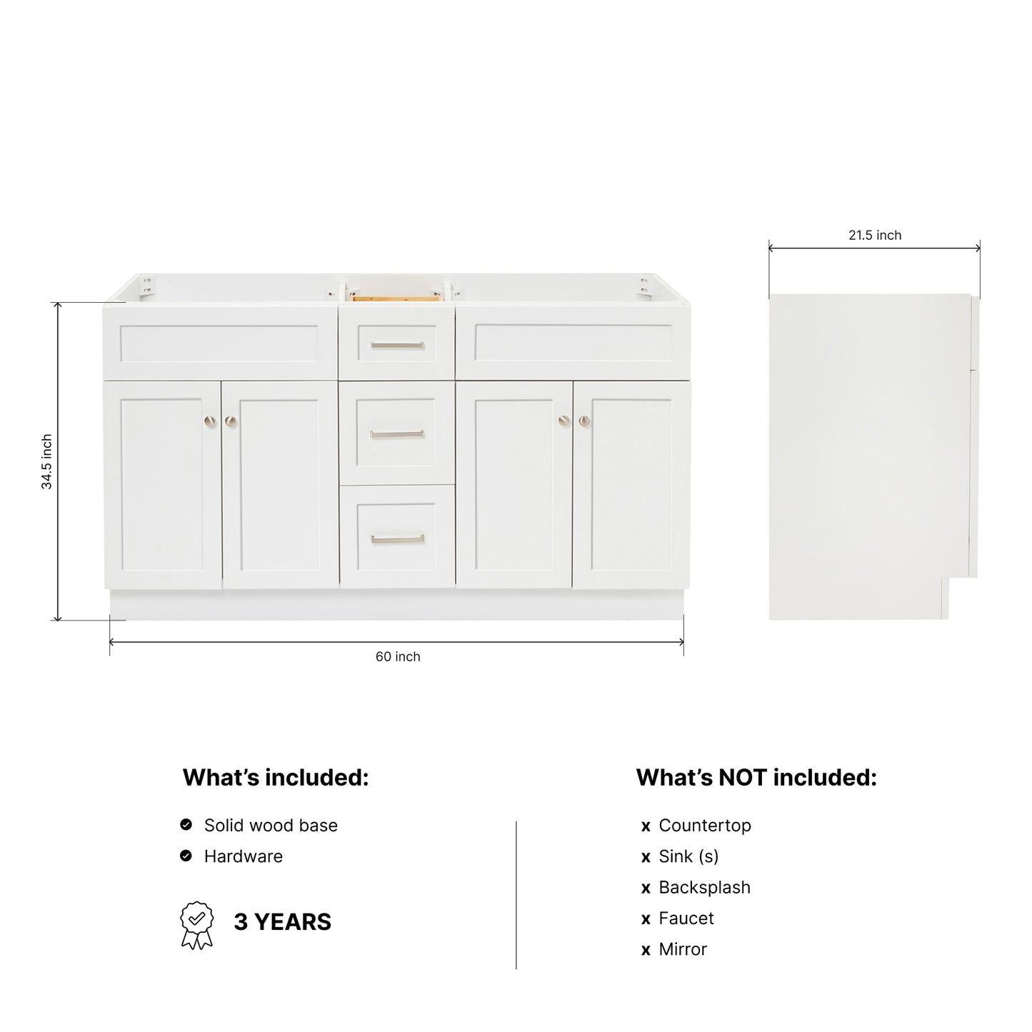 Bradford 60-inch White base cabinet on dimensions