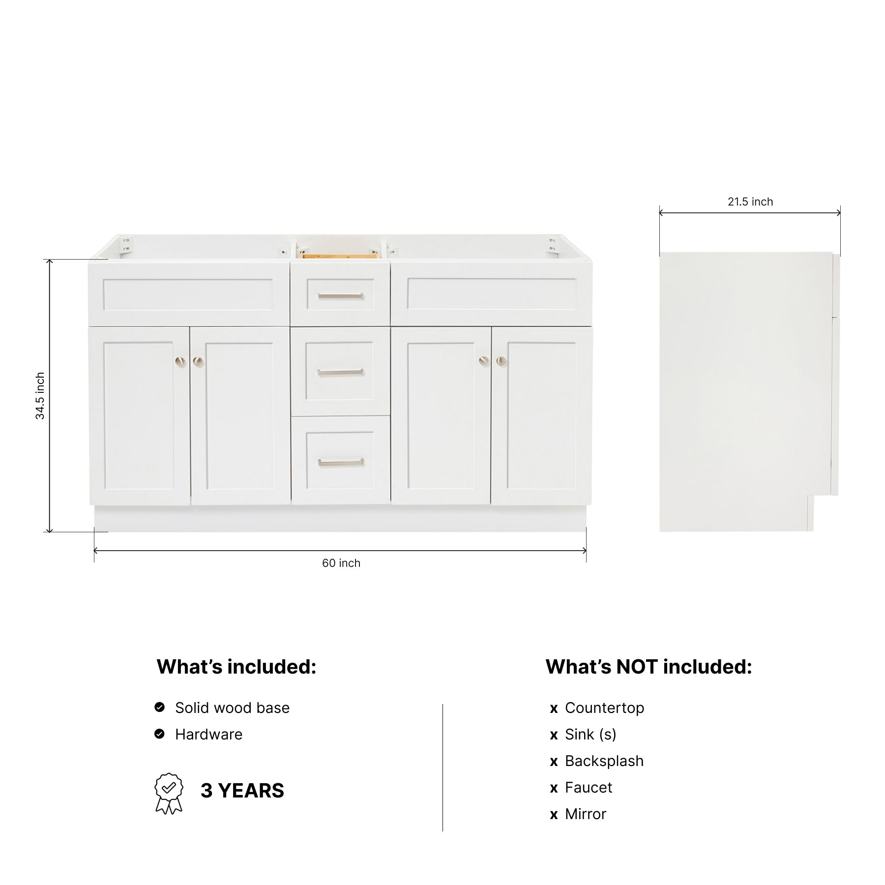 Bradford 60-inch White base cabinet on dimensions