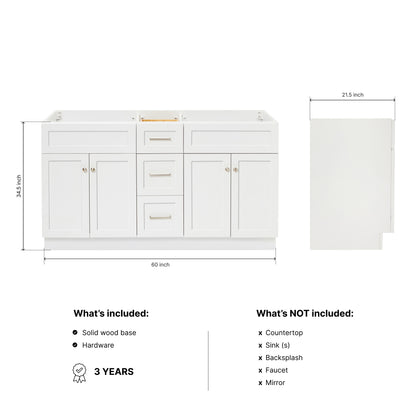 Bradford 60-inch White base cabinet on dimensions