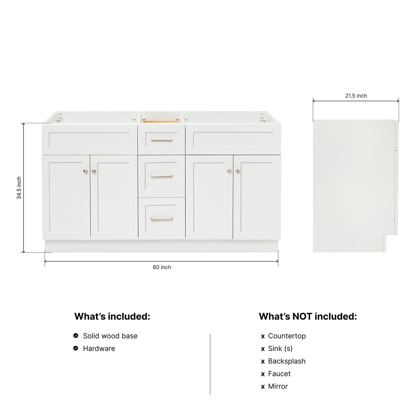 Bradford 60-inch White base cabinet on dimensions