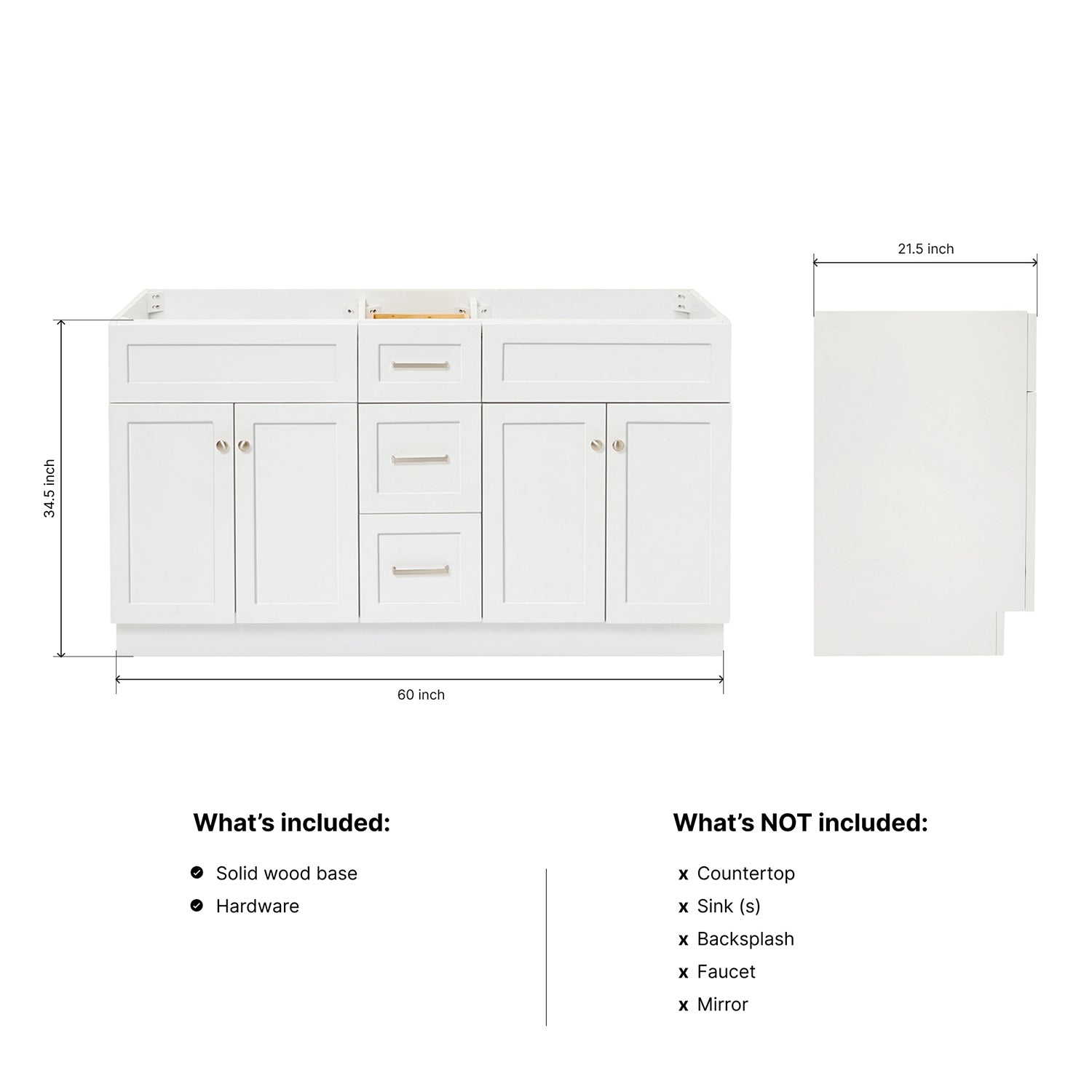 Bradford 60-inch White base cabinet on dimensions