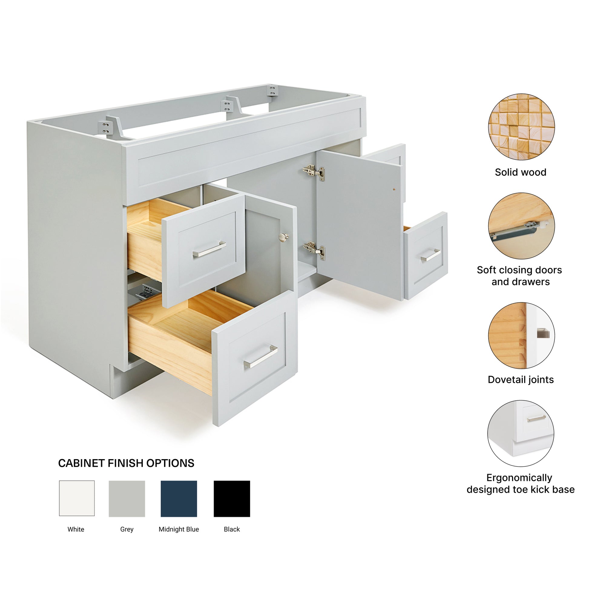 Bradford 60-inch Grey base cabinet on feature highlights: solid wood frame, soft-close doors and drawers, Sherwin-Williams paint finish