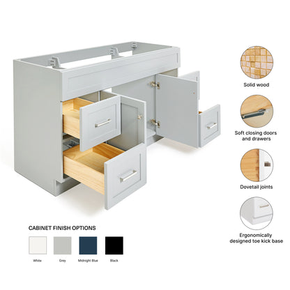 Bradford 60-inch Grey base cabinet on feature highlights: solid wood frame, soft-close doors and drawers, Sherwin-Williams paint finish