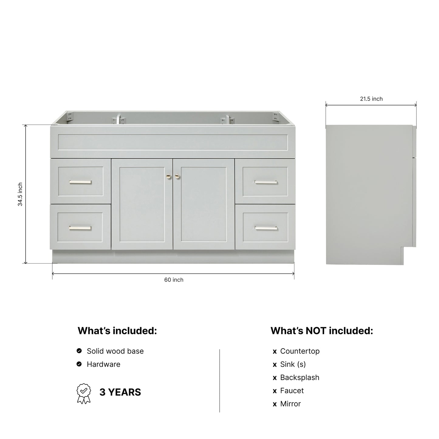 Bradford 60-inch Grey base cabinet on dimensions