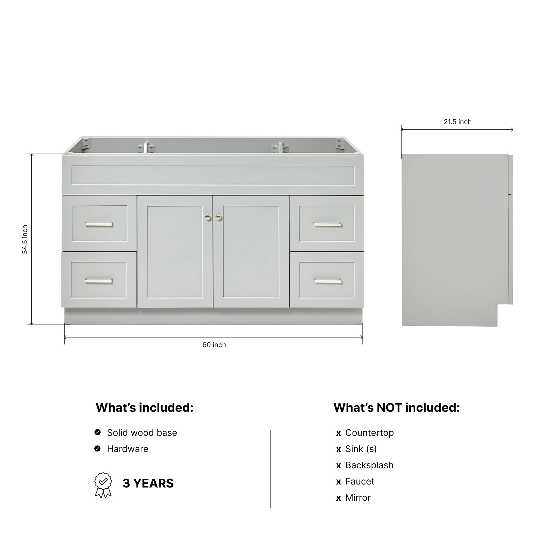 Bradford 60-inch Grey base cabinet on dimensions
