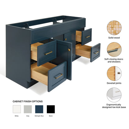 Bradford 60-inch Midnight Blue base cabinet on feature highlights: solid wood frame, soft-close doors and drawers, Sherwin-Williams paint finish