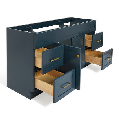 Bradford 60-inch Midnight Blue base cabinet on white back ground side view open door