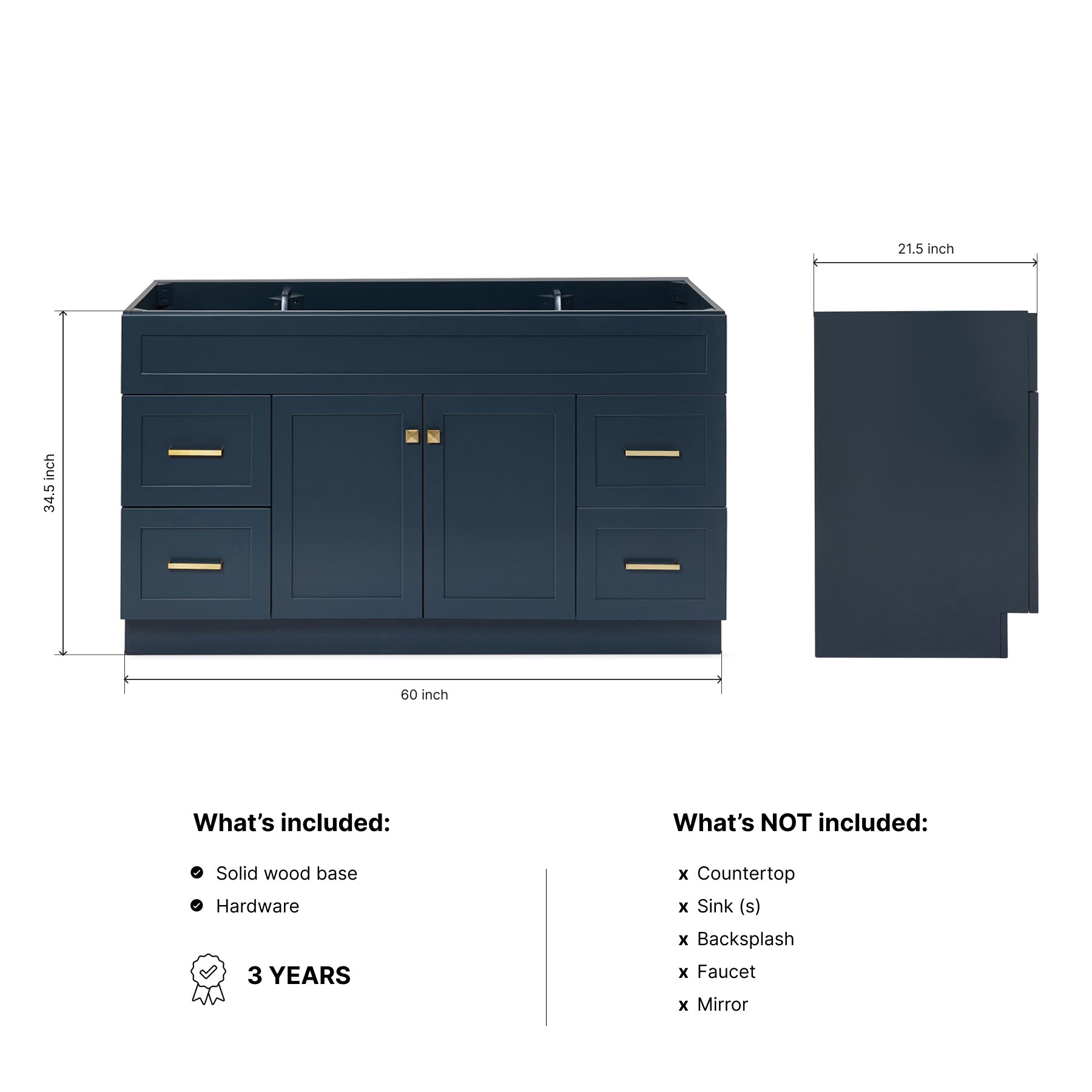 Bradford 60-inch Midnight Blue base cabinet on dimensions