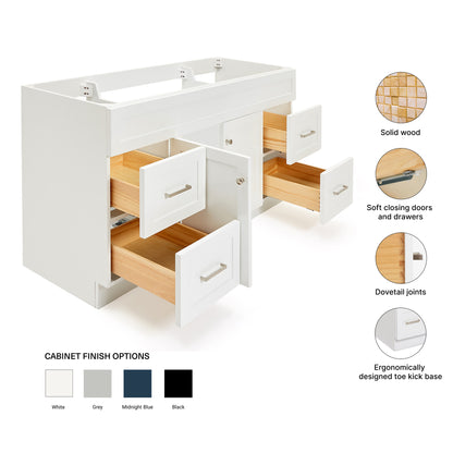 Bradford 60-inch White base cabinet on feature highlights: solid wood frame, soft-close doors and drawers, Sherwin-Williams paint finish