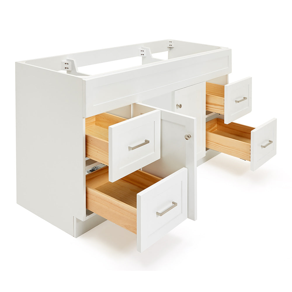 Bradford 60-inch White base cabinet on white back ground side view open door