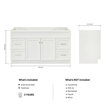 Bradford 60-inch White base cabinet on dimensions
