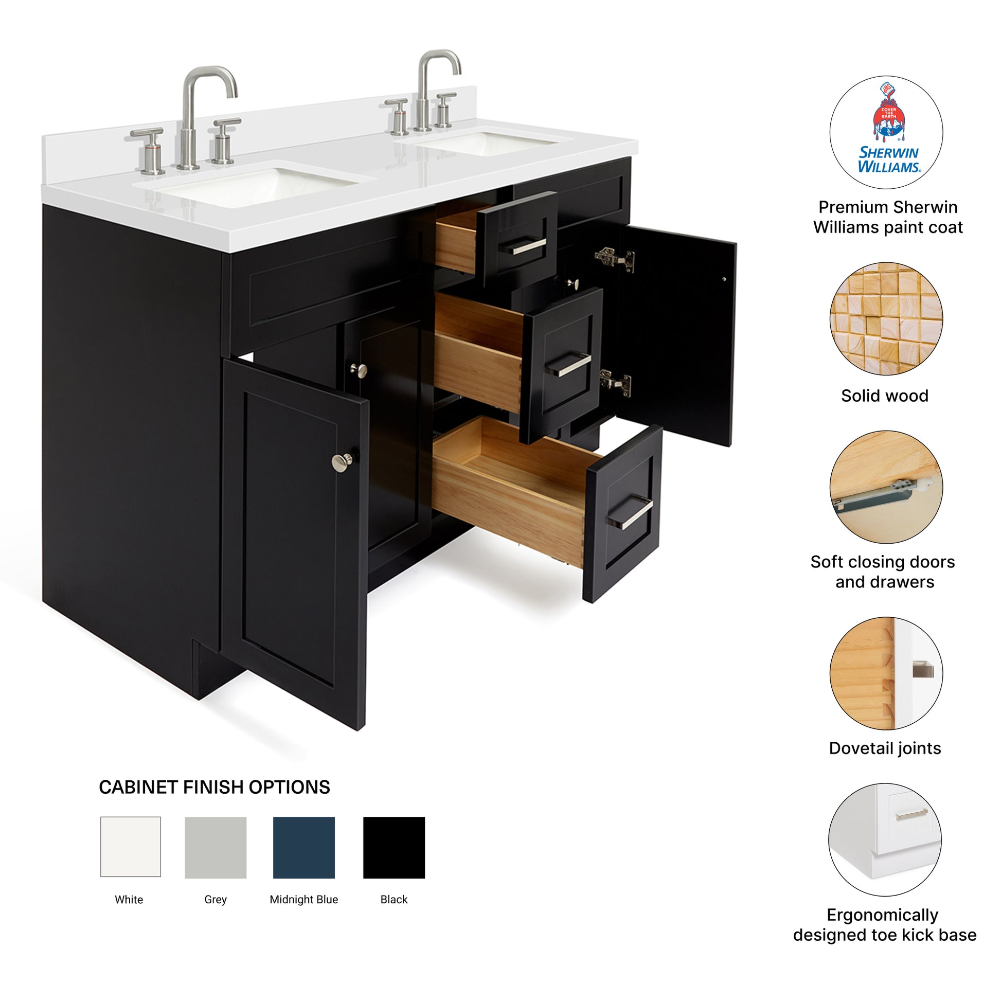 Bradford 60-Inch Black bathroom vanity – feature highlights: solid wood frame, soft-close doors and drawers, Sherwin-Williams paint finish