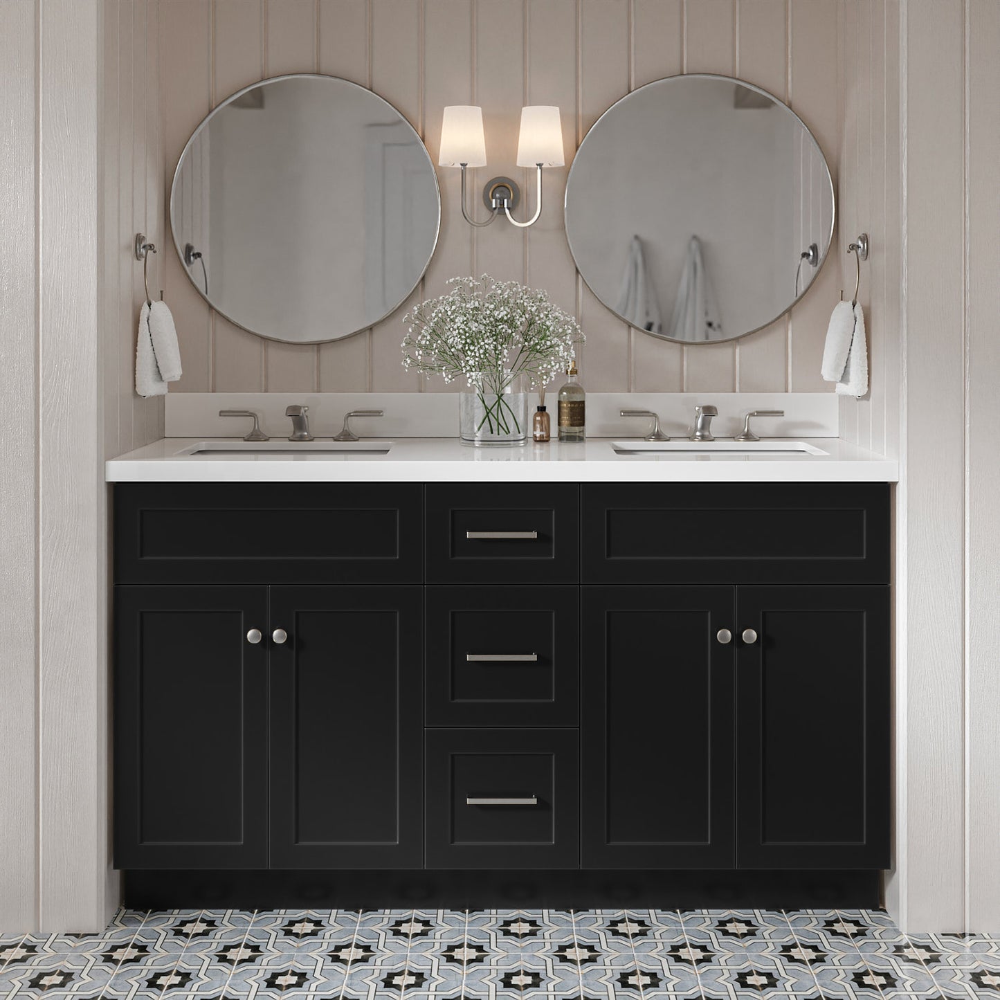 Bradford 60-Inch Black bathroom vanity in styled bathroom setting