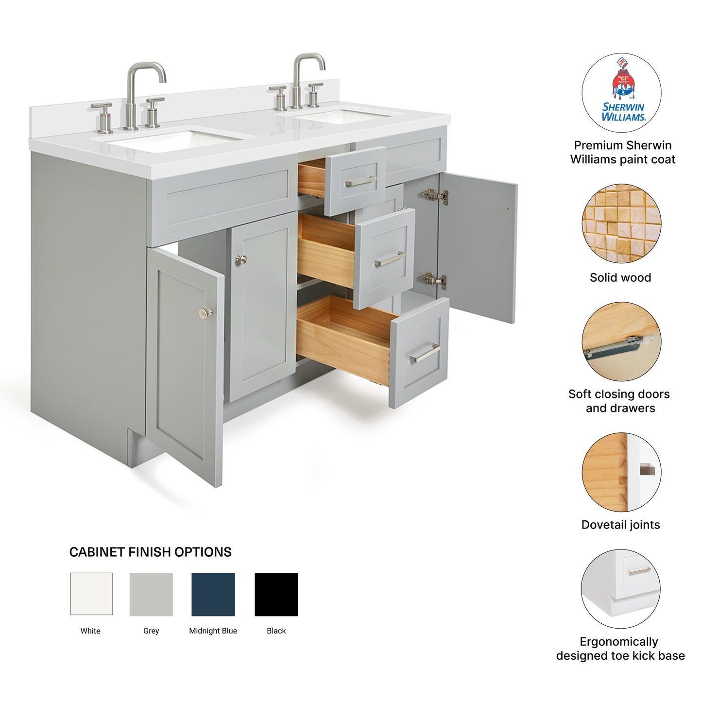 Bradford 60-Inch Grey bathroom vanity – feature highlights: solid wood frame, soft-close doors and drawers, Sherwin-Williams paint finish