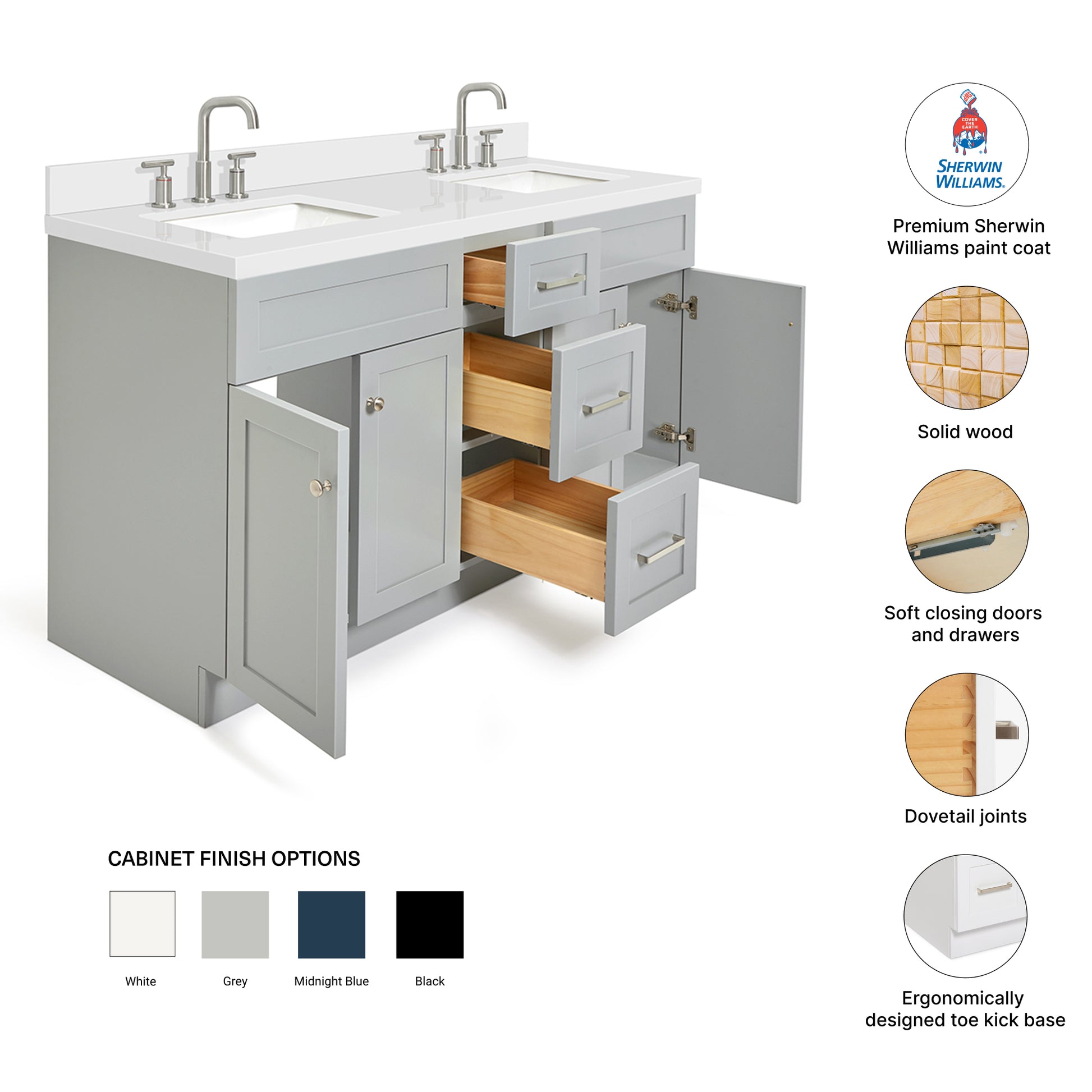 Bradford 60-Inch Grey bathroom vanity – feature highlights: solid wood frame, soft-close doors and drawers, Sherwin-Williams paint finish
