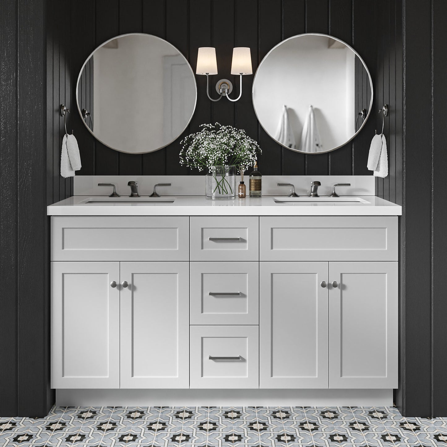 Bradford 60-Inch Grey bathroom vanity in styled bathroom setting