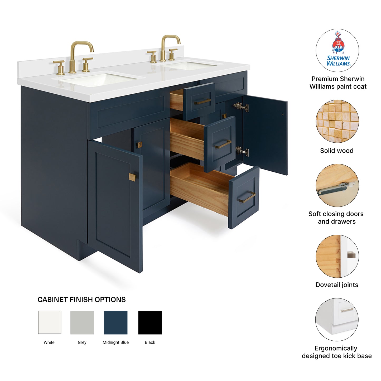 Bradford 60-Inch Midnight Blue bathroom vanity – feature highlights: solid wood frame, soft-close doors and drawers, Sherwin-Williams paint finish