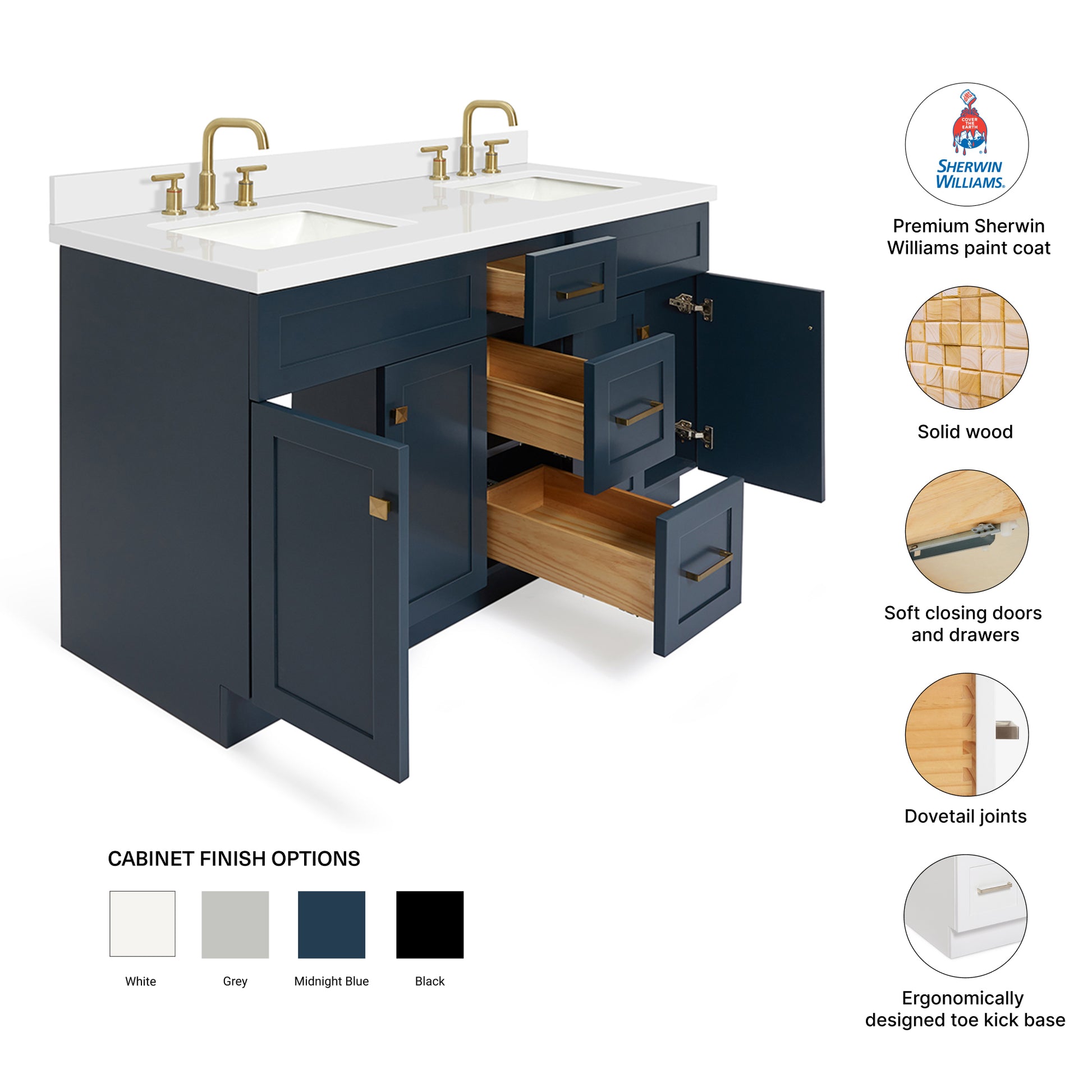Bradford 60-Inch Midnight Blue bathroom vanity – feature highlights: solid wood frame, soft-close doors and drawers, Sherwin-Williams paint finish