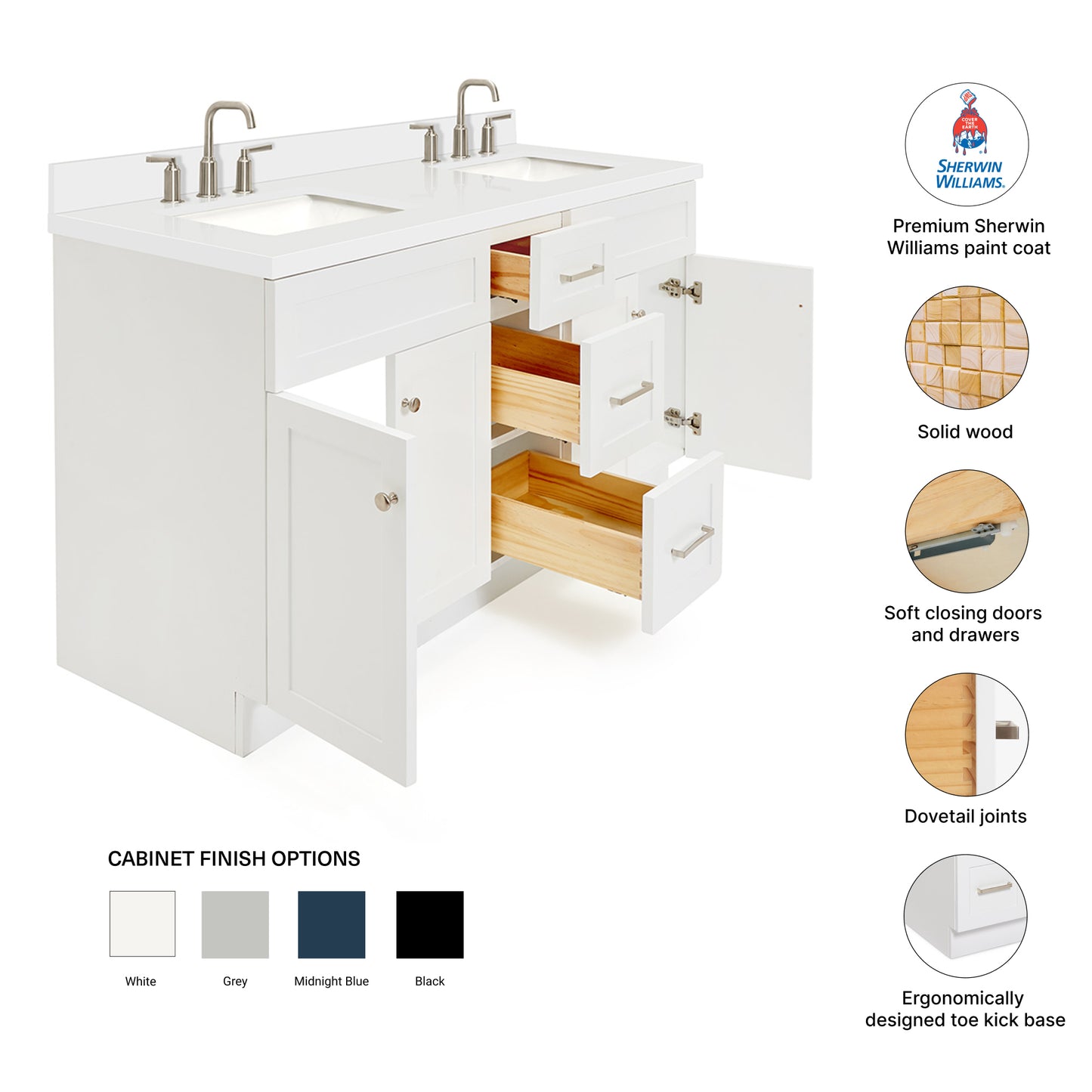 Bradford 60-Inch White bathroom vanity – feature highlights: solid wood frame, soft-close doors and drawers, Sherwin-Williams paint finish
