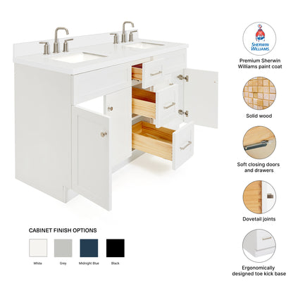 Bradford 60-Inch White bathroom vanity – feature highlights: solid wood frame, soft-close doors and drawers, Sherwin-Williams paint finish