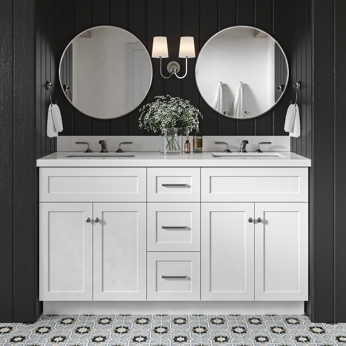 Bradford 60-Inch White bathroom vanity in styled bathroom setting