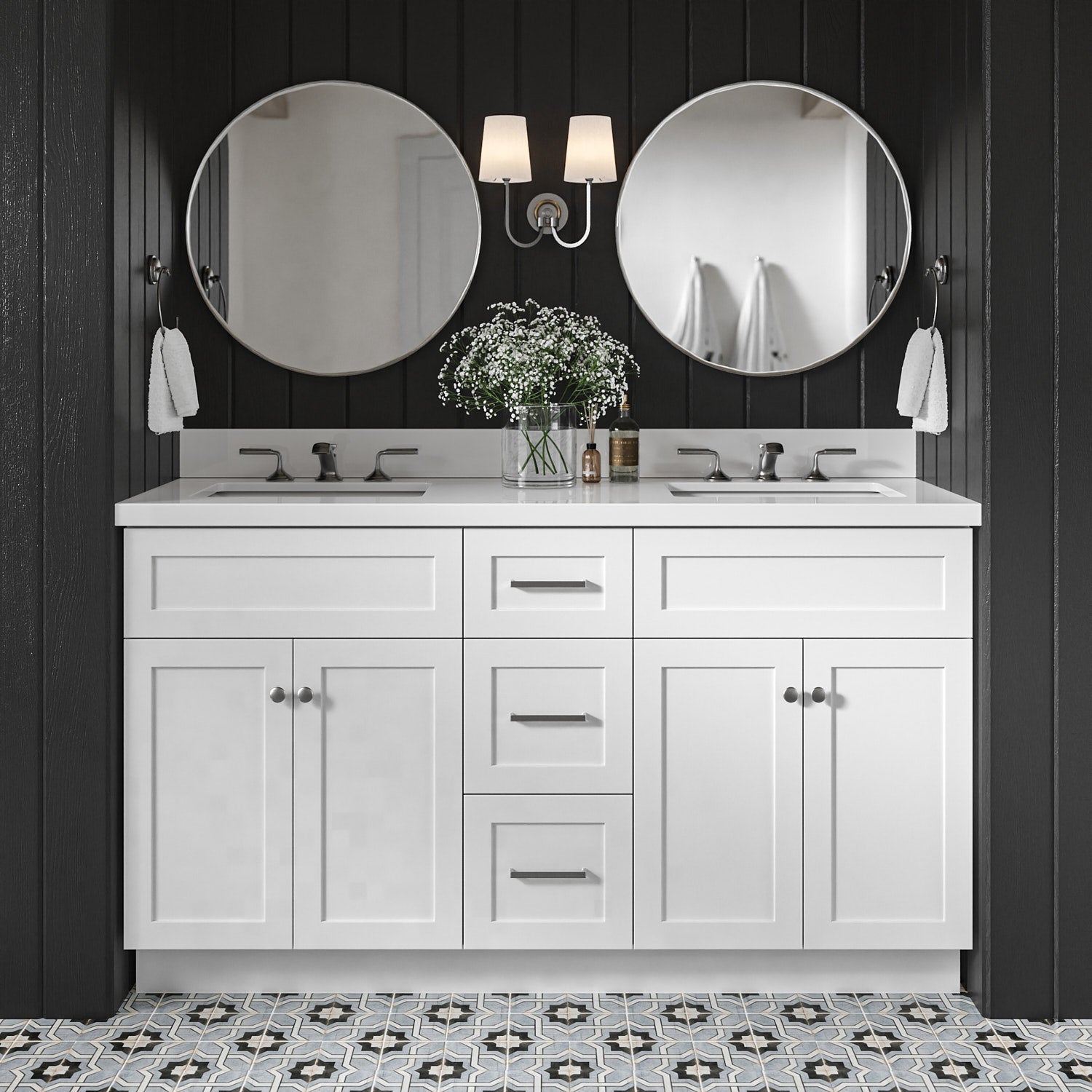 Bradford 60-Inch White bathroom vanity in styled bathroom setting