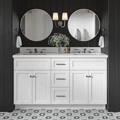 Bradford 60-Inch White bathroom vanity in styled bathroom setting