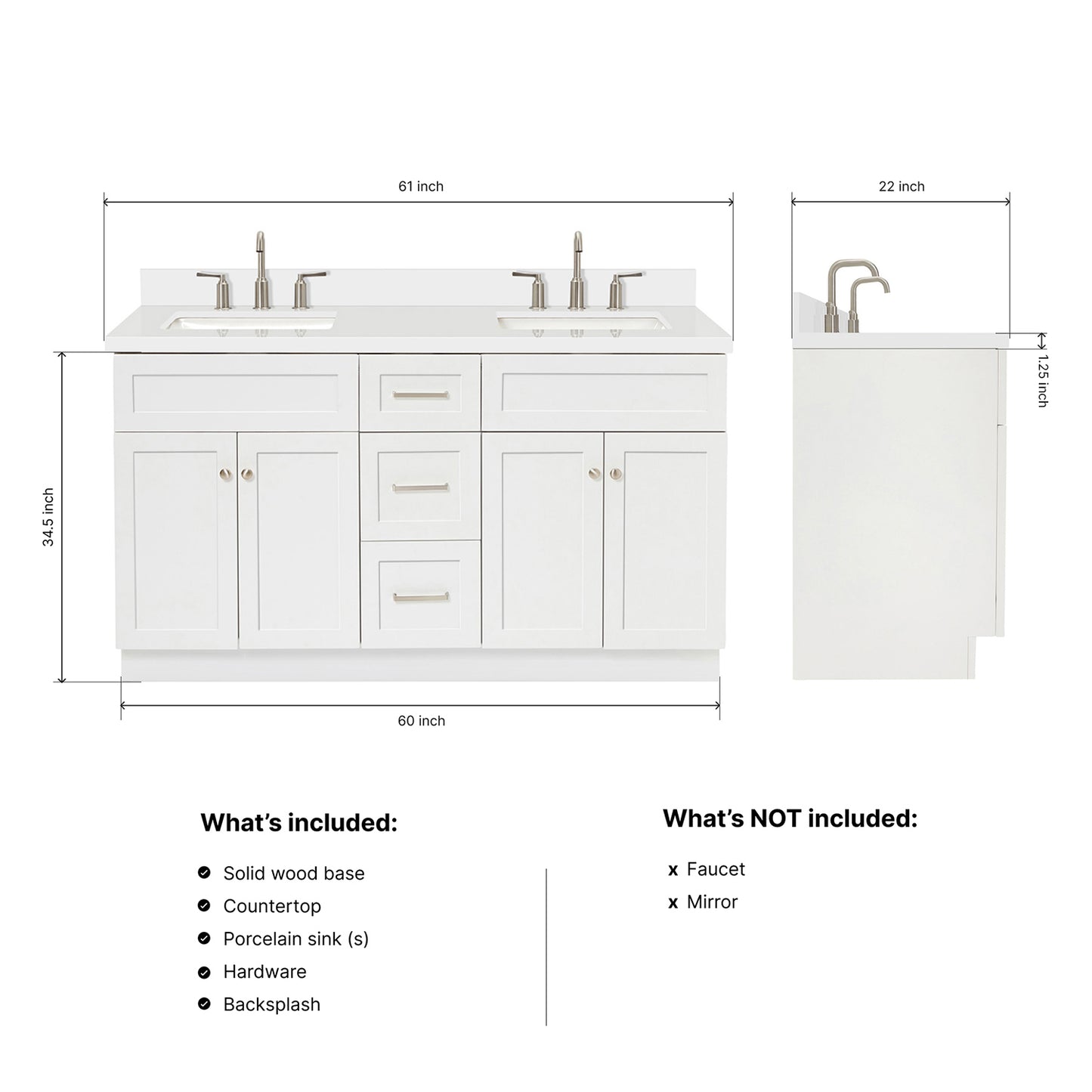 Bradford 60-Inch White bathroom vanity dimensions